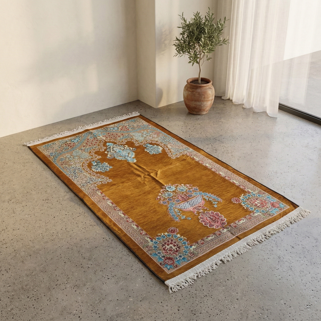 Decorative rug with intricate patterns on a concrete floor, next to a plant and white curtains.