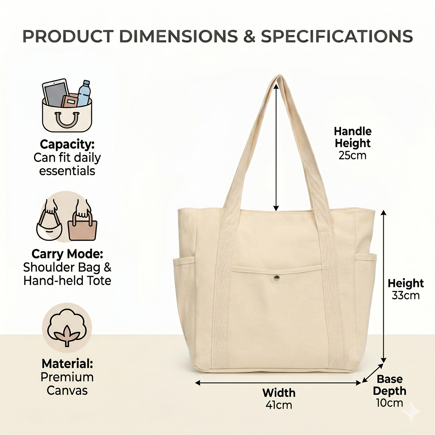 Large Capacity Tote Canvas Bag (Beige)