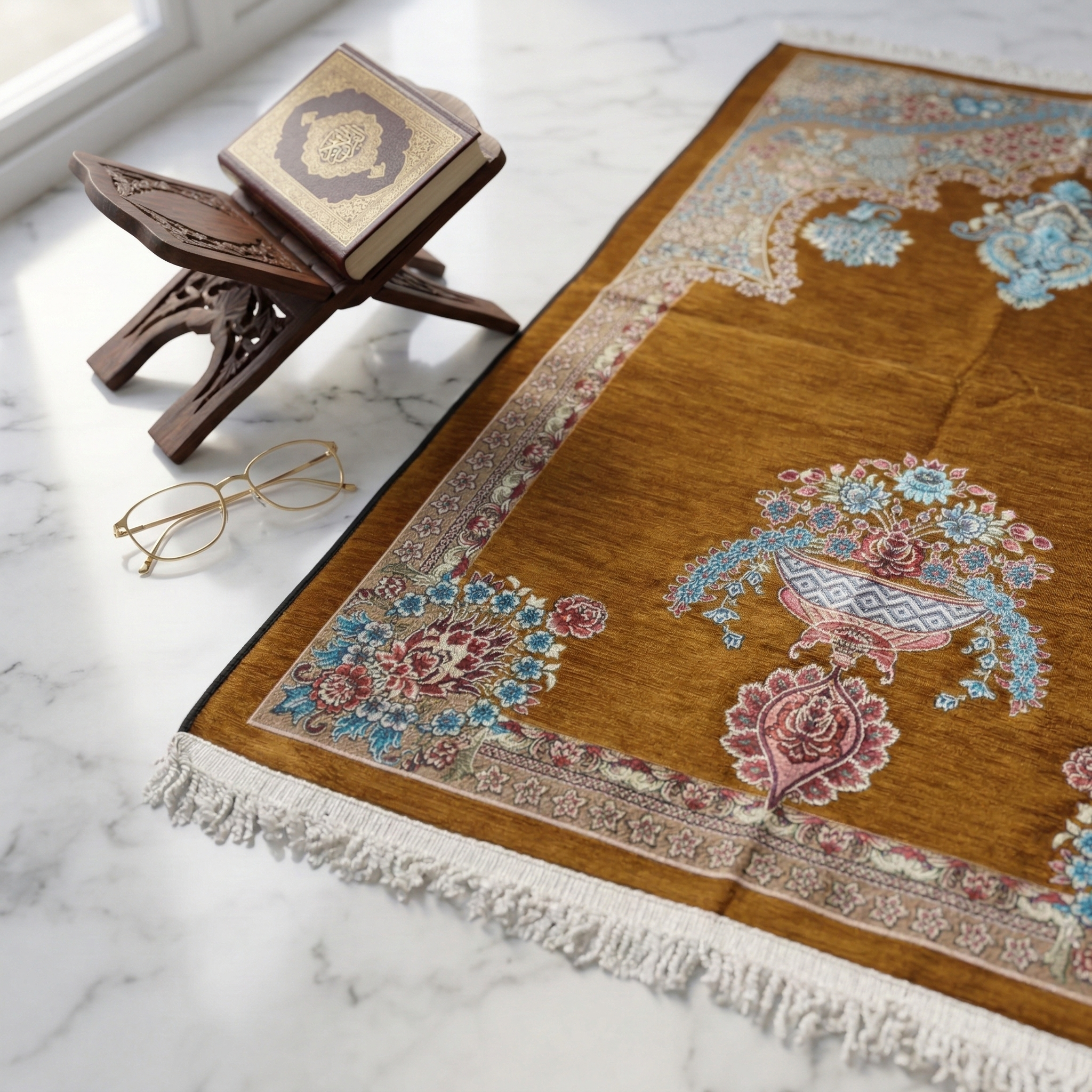 Decorative prayer mat with intricate patterns on a marble surface.